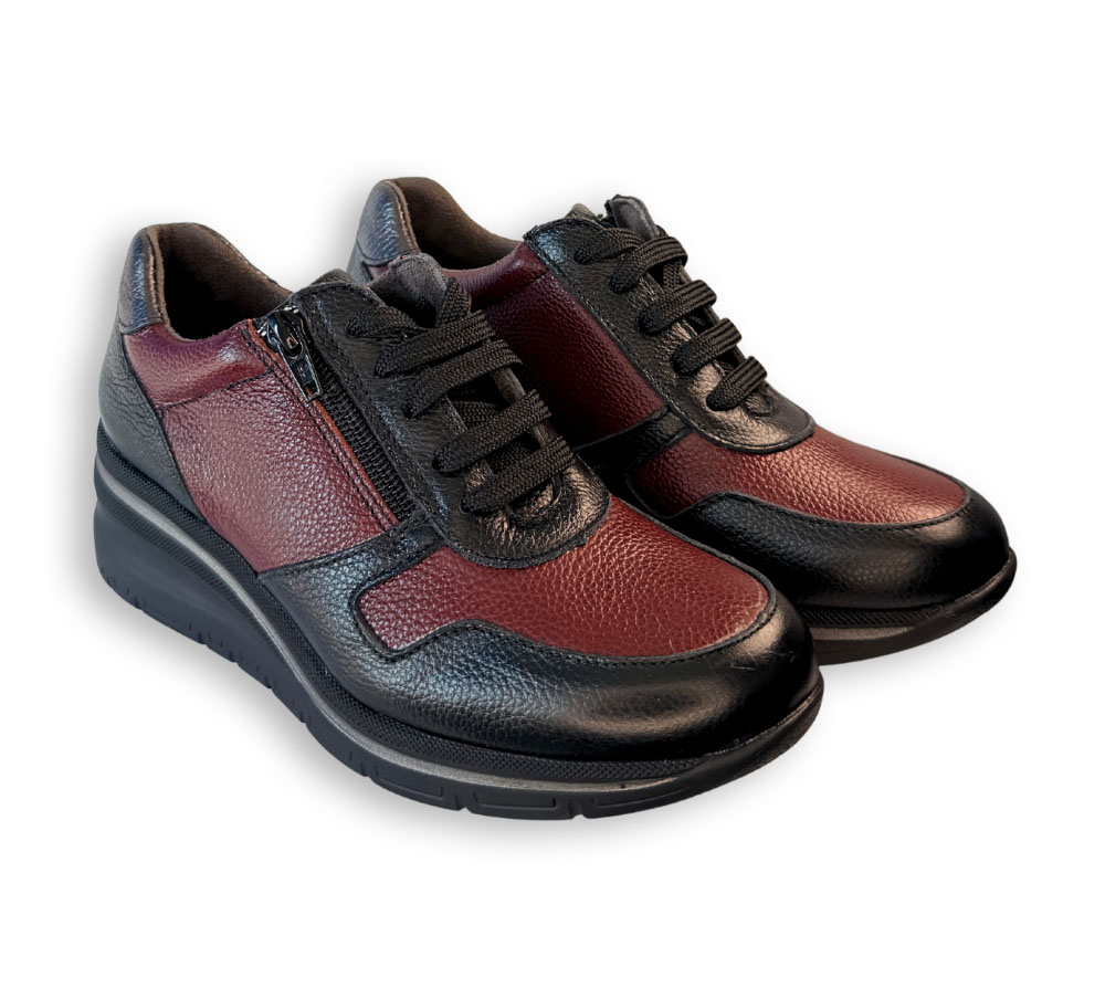Pitillos deportivo mujer piel burdeos y negro vista lateral
