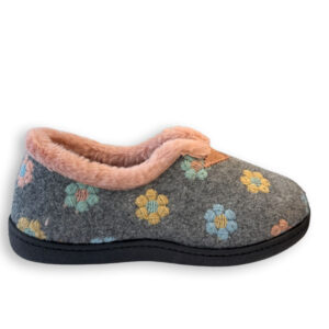Plumaflex zapatilla de casa mujer cerrada gris con flores vista lateral