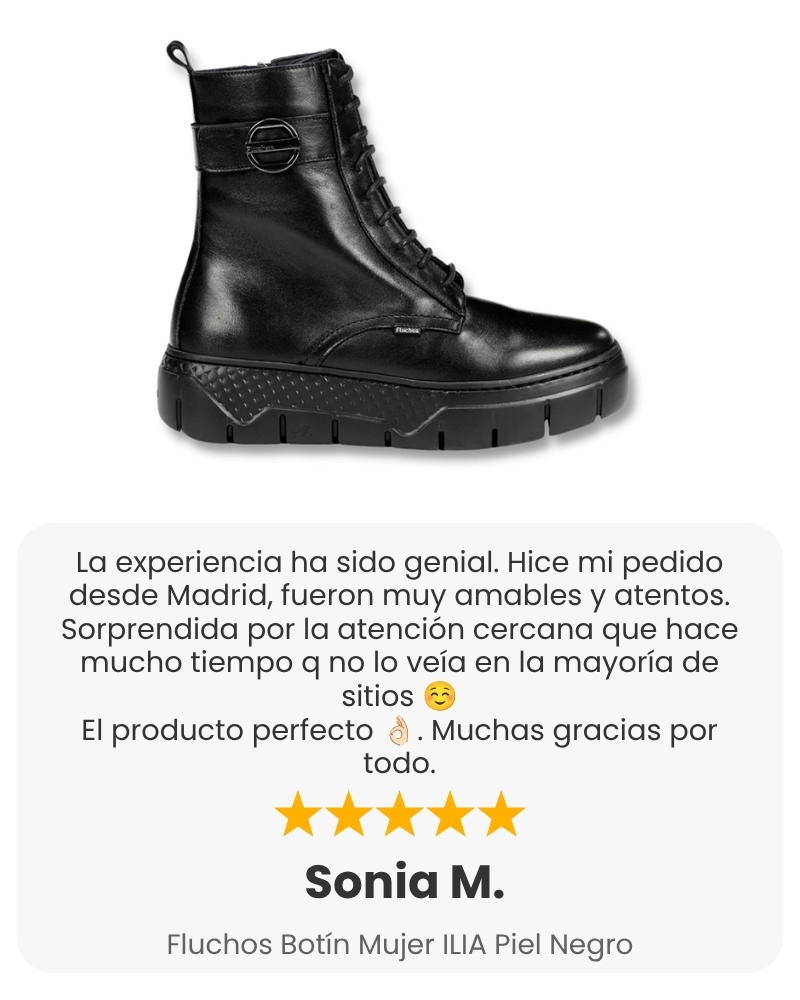 Reseña de cliente sobre botín de mujer Fluchos negro en Puntera Zapatos