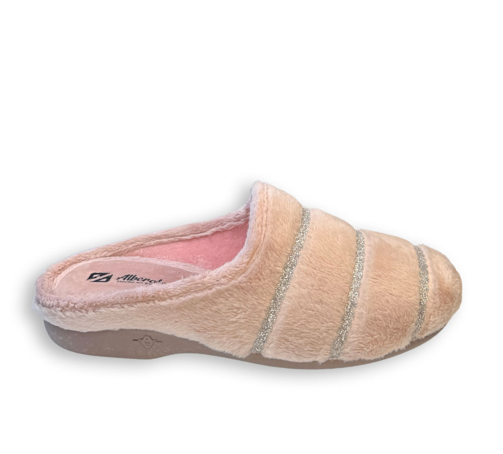 Zapatillas casa mujer rosas Alberola con franjas plateadas